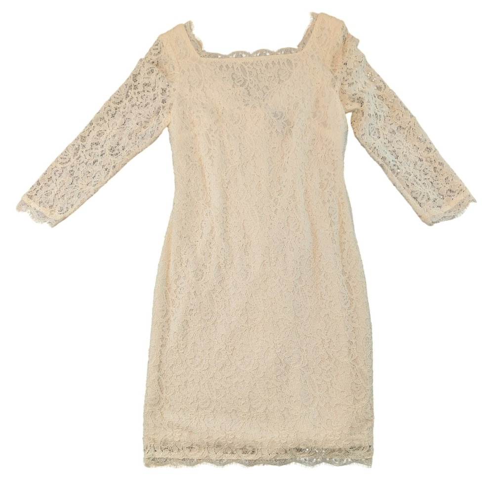 Adrianna Papell Cream Floral Lace Sheath Dress Square Neck Back Zip Womens 4